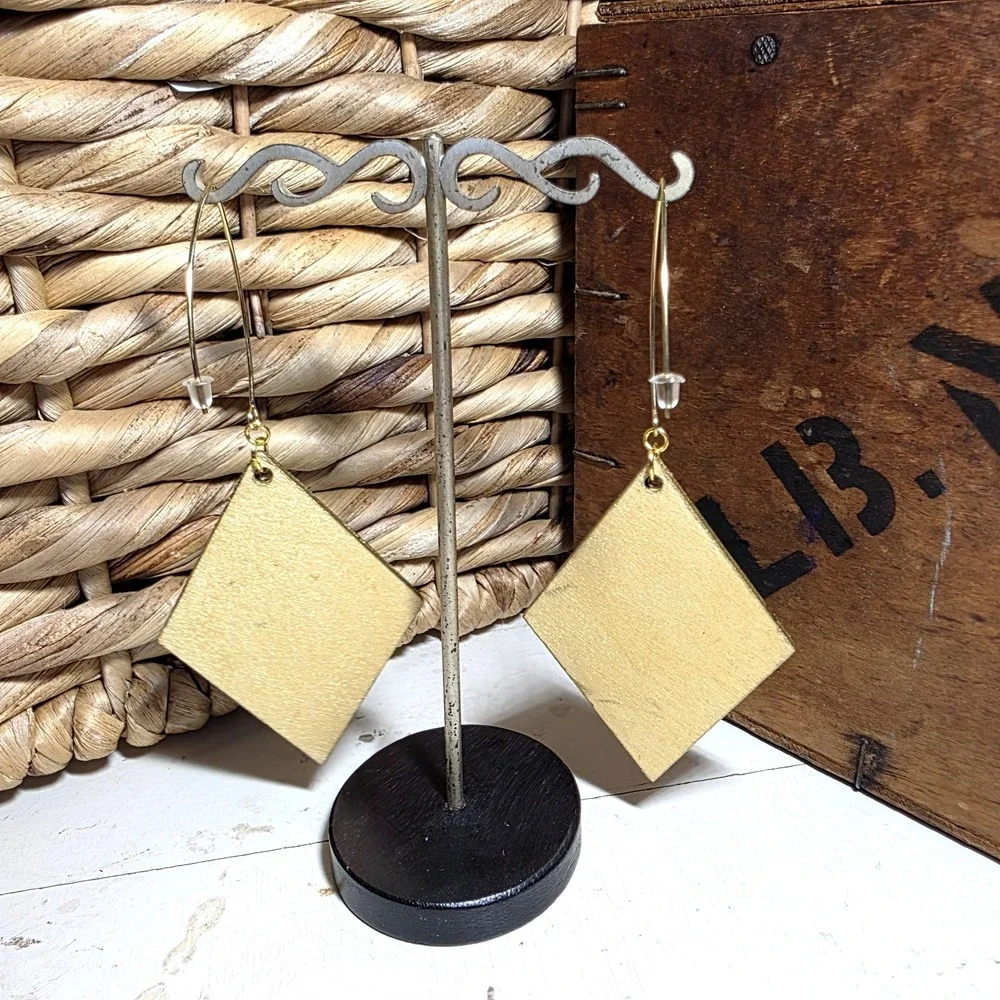 Handmade Abstract Wood Statement Earrings OOAK Deep Blue Gold Metallic Dangles